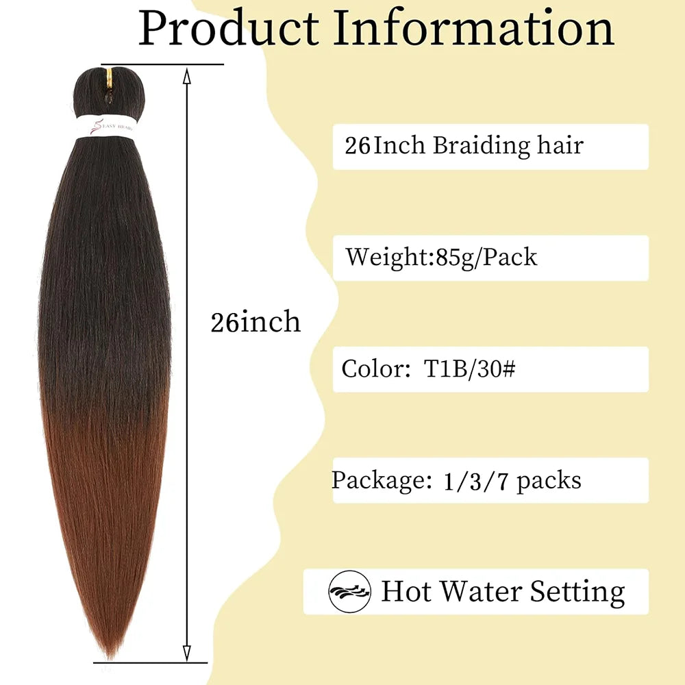 26inch Prestretched Knotless Kanekalon Hair Long Straight Synthetic Box Braids Yaki Texture Hot Water Setting Hair Extension