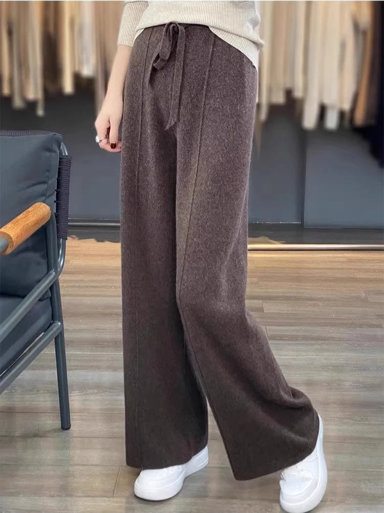 Women’s High-Waist Knit Wide-Leg Pants — Full-Length, Elastic Waist, Warm Stretch (Autumn/Winter, Korean Style)