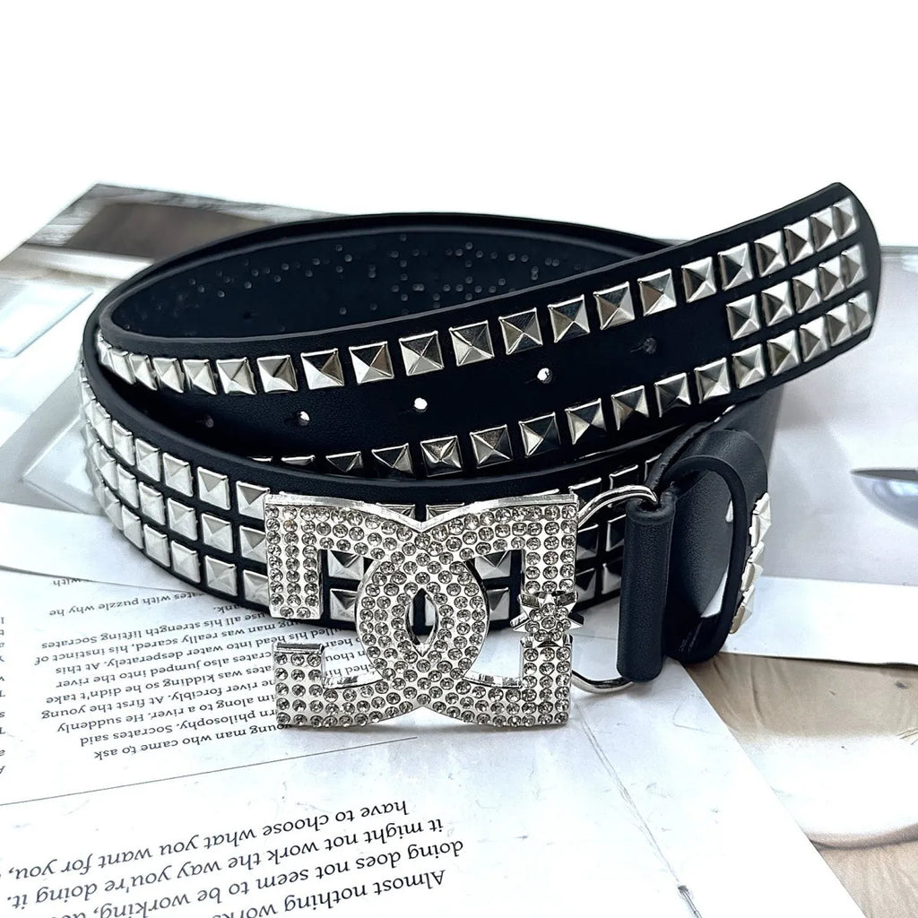 YK2 luxury·hot girl women's rhinestone belt, unique punk fashion rivet leather belt, versatile embedded decorative belt