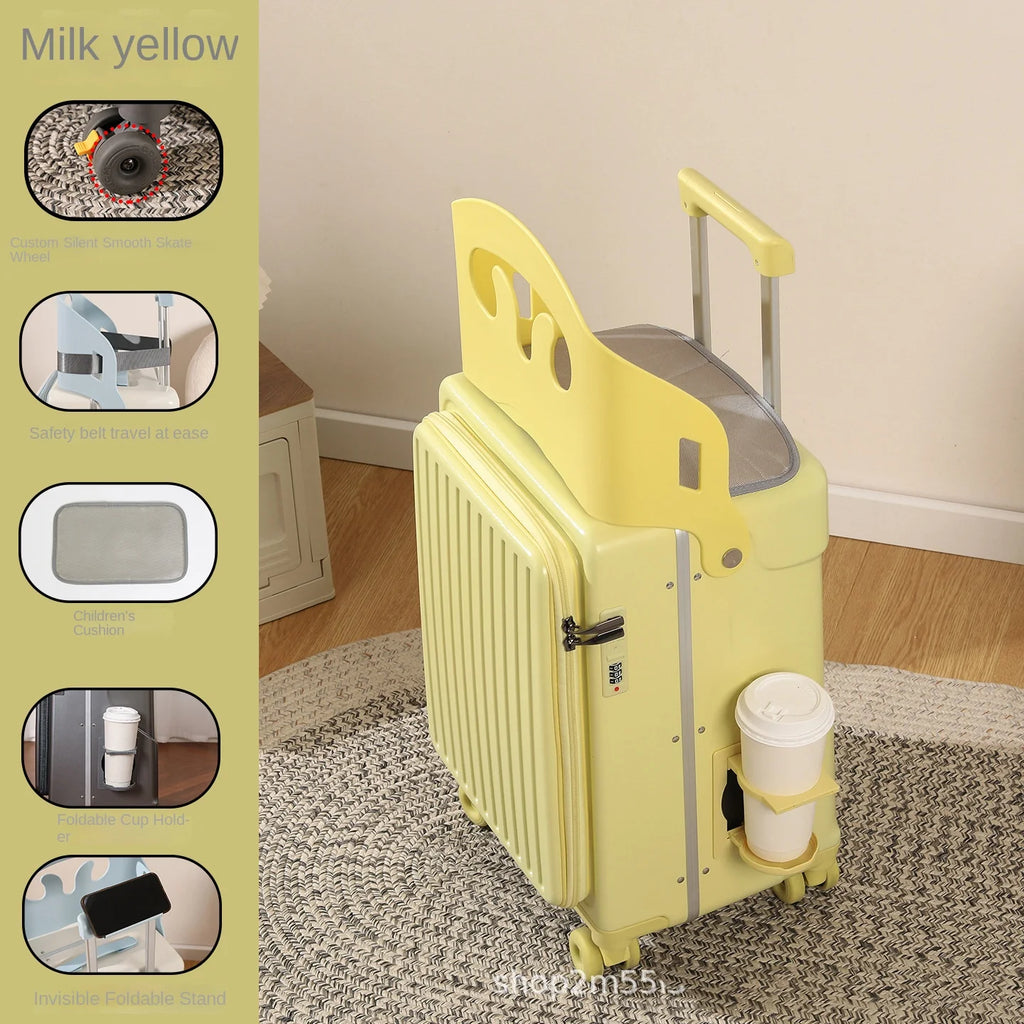 2025 New suitcase for children can Sit 20/22 inch Ride on Luggage Front Opening Sturdy Thickened Travel suitcase with Cup Holder