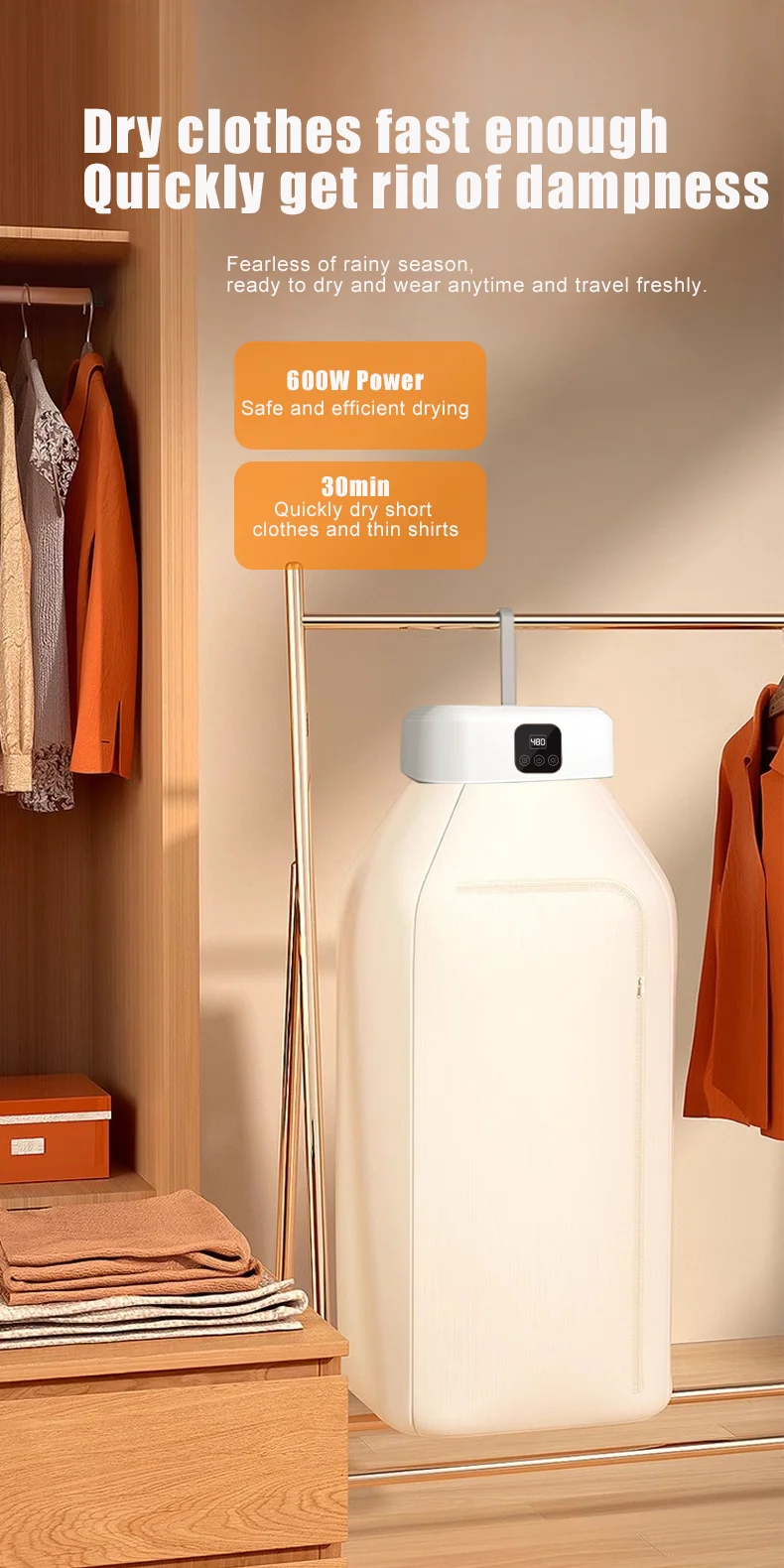 JKUOO 30min quick dry  Electric Clothes Dryer 600W Portable Compact Foldable Laundry Dryer Machine 60 ° C sterilize & deodorize