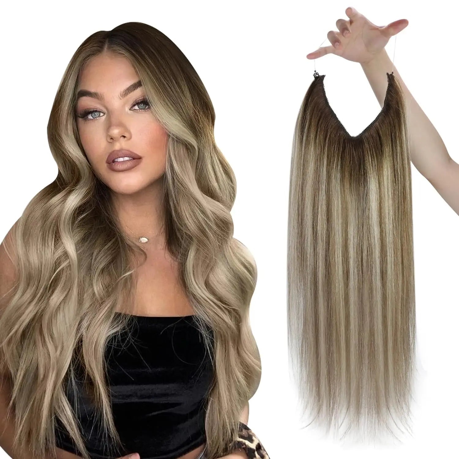 VeSunny Fish Line Human Hair Extension Remy Hair One Piece Invisible Wire Hair Weft Brazilian Hair Balayage Hair Extensions
