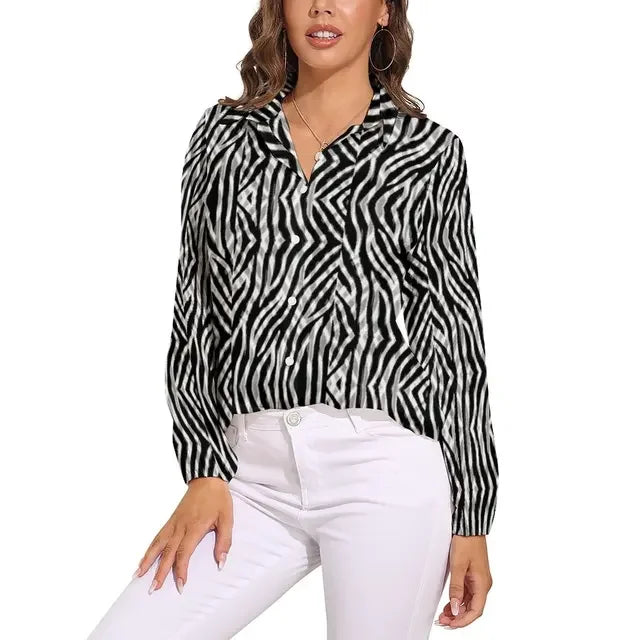 Green Zebra Stripes Blouse Woman Animal Print Casual Loose Blouses Long Sleeve Kawaii Shirts Graphic Top Big Size 2XL 3XL