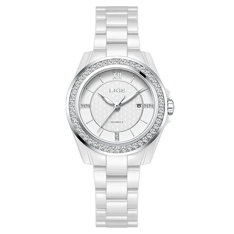 New LIGE Fashion Quartz Watch for Women Ceramics Strap Waterproof Date Women's Watches Elegant Luxury Diamond Ladies Wristwatch
