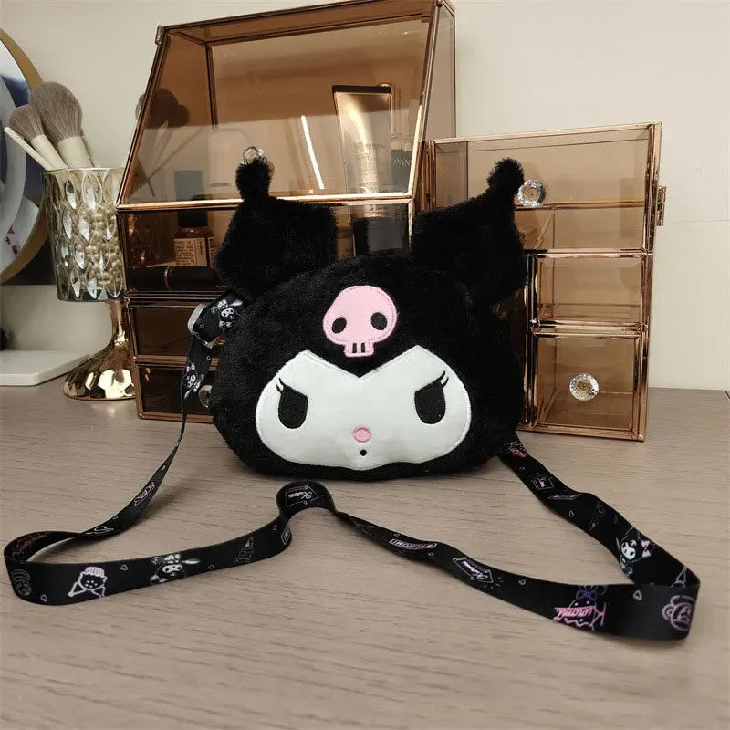 New Sanrio Cartoon Kuromi Skull Plush Bag Shoulder Bag Girl Cute Sweet Girl Heart Handbag Crossbody Bag Plush Money Storage Bag
