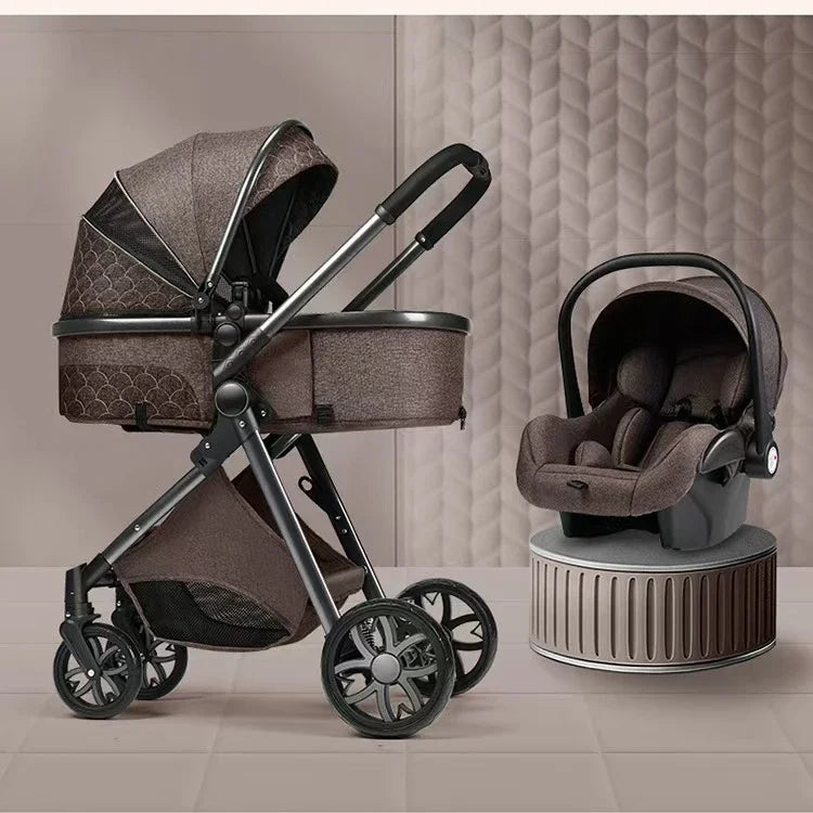 3-in-1high landscape baby stroller+safety basket for sitting and lying,lightweight folding,two-way shock-absorbing,0-3 years old