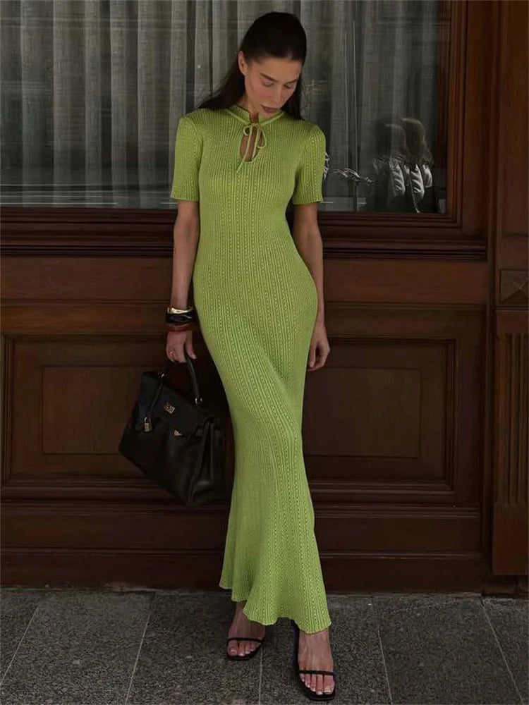Tossy Knit Hollow Out Lace-Up Dress Female Ribbed Short Sleeve Patchwork High Waist Elegant Long Dress Women's Knitwear Dress