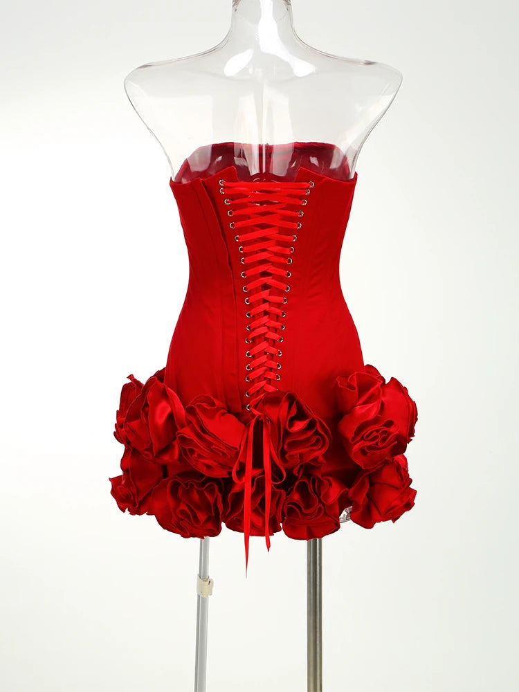 VC Christmas Dress Strapless Backless Red Structured Floral Embellished Mini Length Bodycon Celebrity Party Cocktail Dress