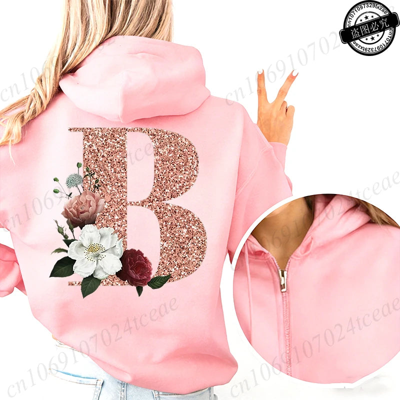Women Zip Up Hoodies Rose Gold Letter A~Z Zipper Jackets Coats Autumn Winter Hoody Sweatshirt Fashion Casual Zip Pink Hoodie Top