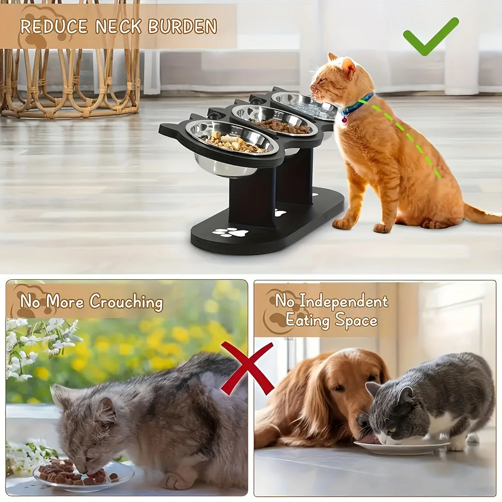 Elevated Cat Bowls 15° Tilted Raised Cat Food Bowls with Wooden Stand Anti Vomiting 3 Stainless Steel Bowls for Cats and Puppy