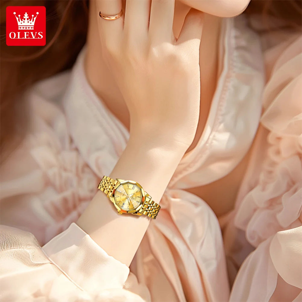 OLEVS 9977 Women's Quartz Watch Rhombus Mirror Waterproof Stainless Steel Elegant Luxury Ladies Hand Clock
