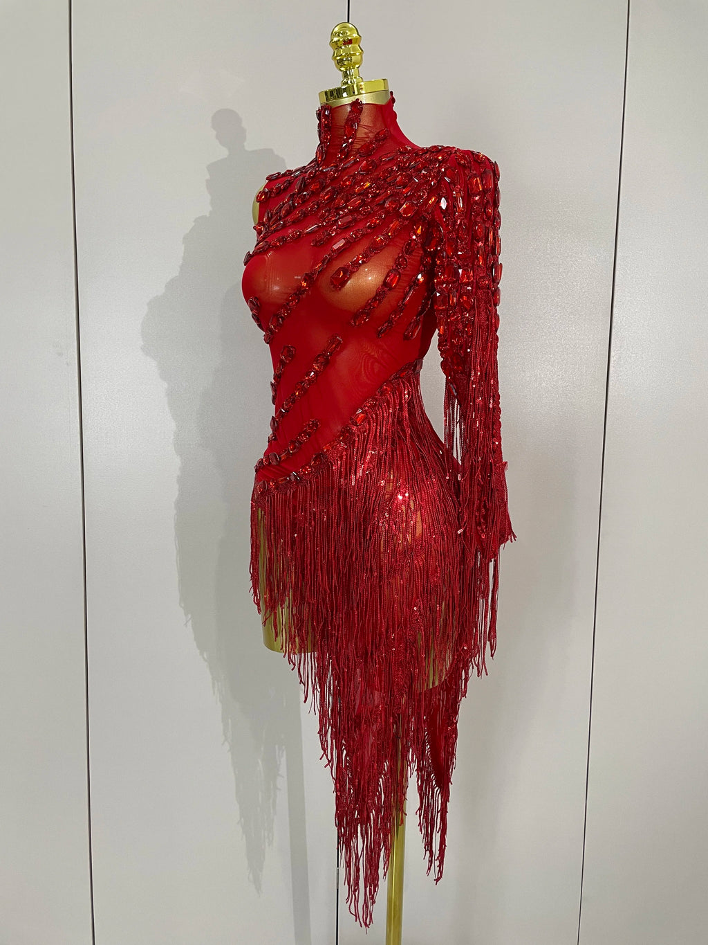 New Stage Costume Sparkly Rhinestones Tassel Sexy See-Through Dress Women One Shoulder Latin Dance Bars Nightclub Party Outfits