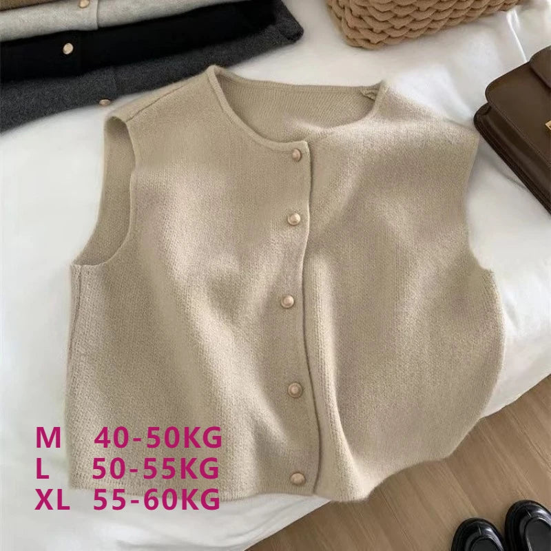 Crew Neck Women's Korean Solid Button Short Sleeve Cardigan Coats Sweater Knitted Sleeveless Ladies Elegant Tanks Bottoming