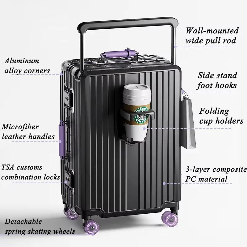 Aluminum Frame Wide Handlebar Rolling Luggage with Colorful Silent Spinner Wheels and TSA Lock Large Capacity Trolley Suitcase