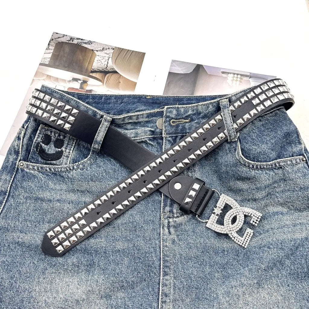 YK2 luxury·hot girl women's rhinestone belt, unique punk fashion rivet leather belt, versatile embedded decorative belt