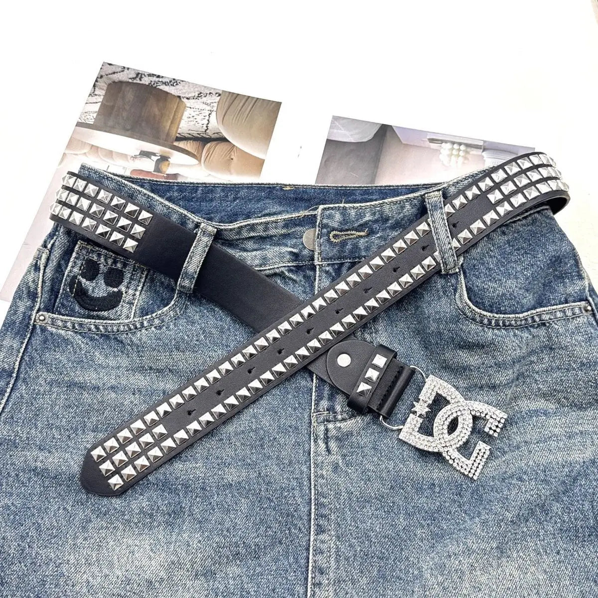 YK2 luxury·hot girl women's rhinestone belt, unique punk fashion rivet leather belt, versatile embedded decorative belt