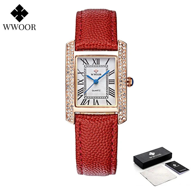 WWOOR Elegant Women's Watches Square Diamond Ladies Watch Waterproof Luxury Brand Leather Quartz Bracelet Watches Zegarek Damski