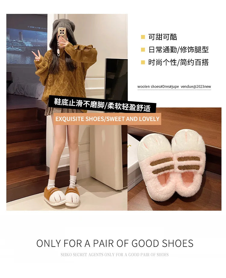 New Adorable Kitty Claw Slippers Women's Home Shoes Non Slip Furry Mules Female Fashion Warm Fluffy Slides Outdoor Cat Slippers