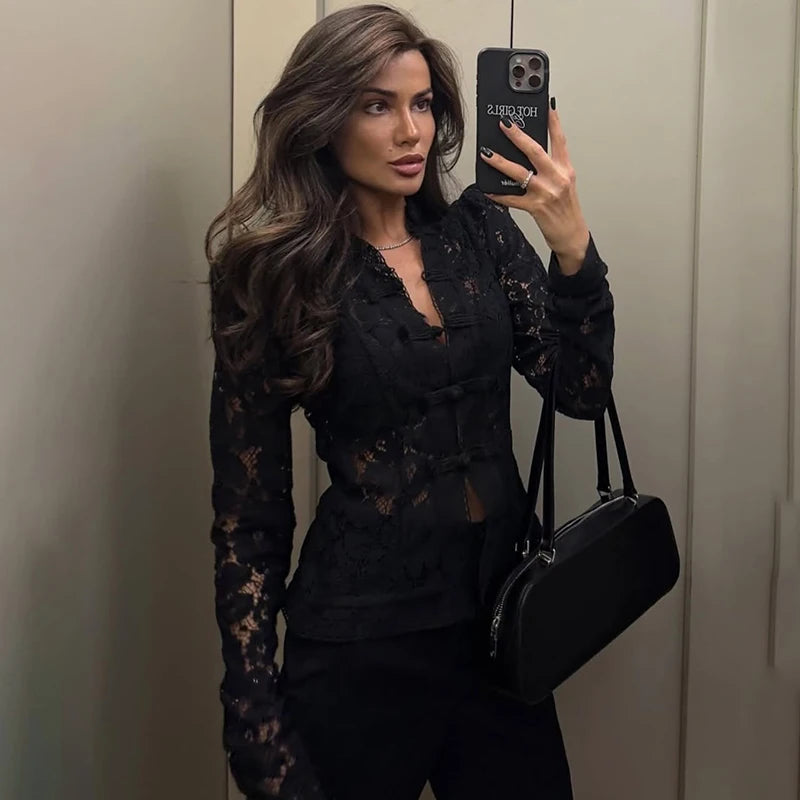 Tornova 2025 New Lace Hook Flower Women's Shirt Fashion Commuting Long Sleeve Cardigan Top Retro Slim Stand Collar Lady Blouses