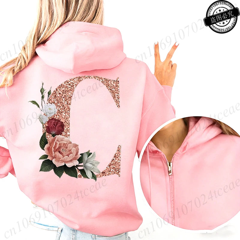 Women Zip Up Hoodies Rose Gold Letter A~Z Zipper Jackets Coats Autumn Winter Hoody Sweatshirt Fashion Casual Zip Pink Hoodie Top