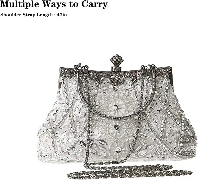 Lost in Vintage Clutch Handbag Beaded and Sequin Kiss-lock Closurer Shoulder Bag Crossbody Detachable ChainProm Evening Party