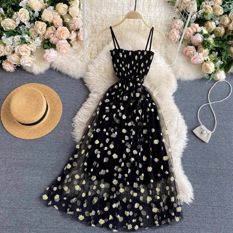YuooMuoo Women Dress 2026 New Korean Fashion Floral Print Spaghetti Straps Mesh Party Dress Vacation Style Lady Beach Vestidos