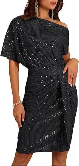 Edge-embroidered Glittering Party Club One-shoulder Pleated Toast Dress Fashionable Evening Gown