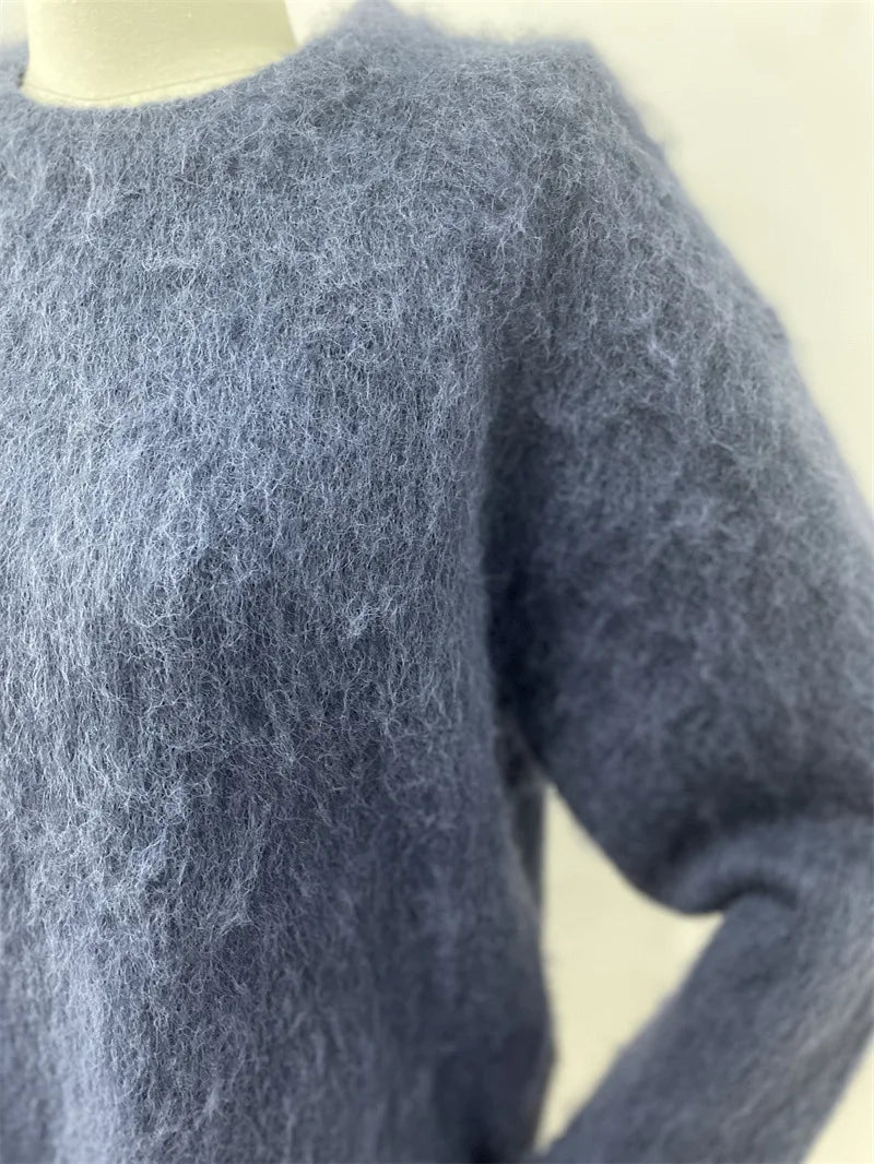 Women’s Oversized Fuzzy Knit Pullover – Solid Color Crewneck Sweater (Cozy “Lazy” Style)