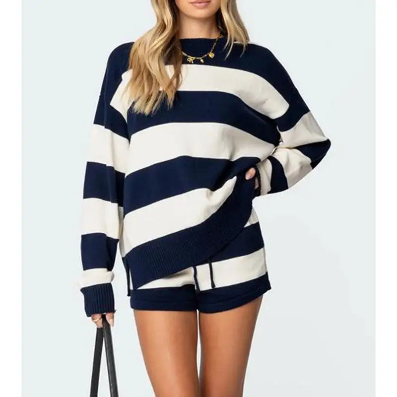 Women’s Striped Knit 2-Piece Set – Split Sweater Top & Drawstring Shorts