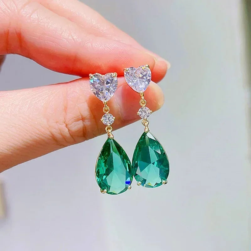 Green Crystal Drop Earrings | Elegant Zirconia Luxury Jewelry for Women
