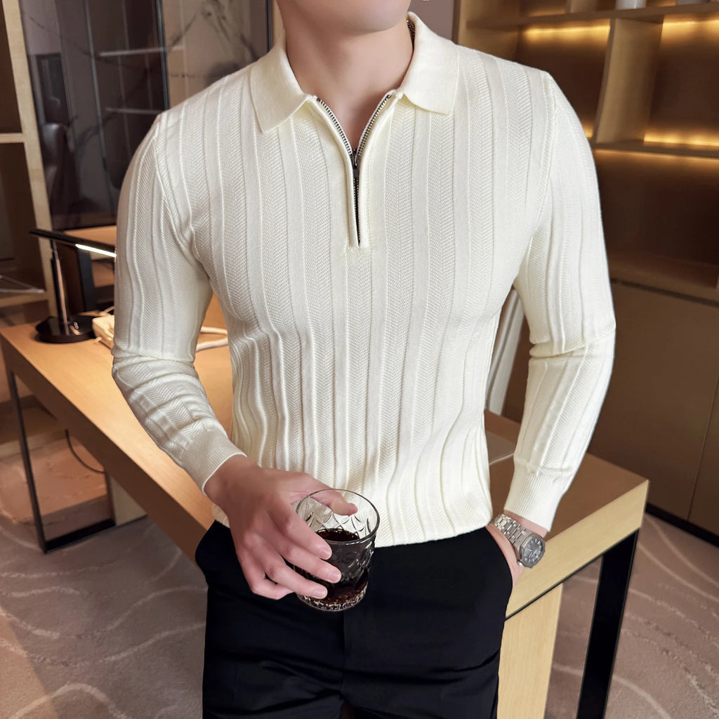 Men's Zip-Front Knit Sweater - White Polo Collar (Black/Burgundy/Cream) M-4XL Soft Touch Autumn Winter Casual Style