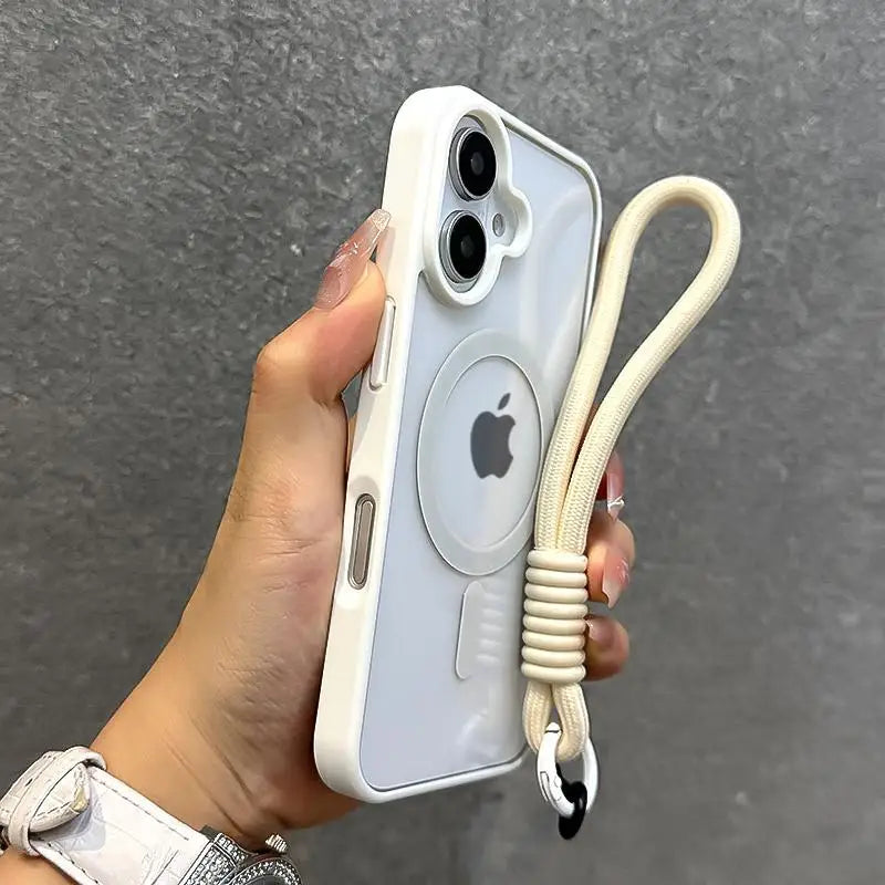 Luxury With Lanyard Clear For Magsafe Phone Case For iPhone 14 11 12 13 15 16 17Pro Max Shockproof Armour Wrist Strap Back Cover