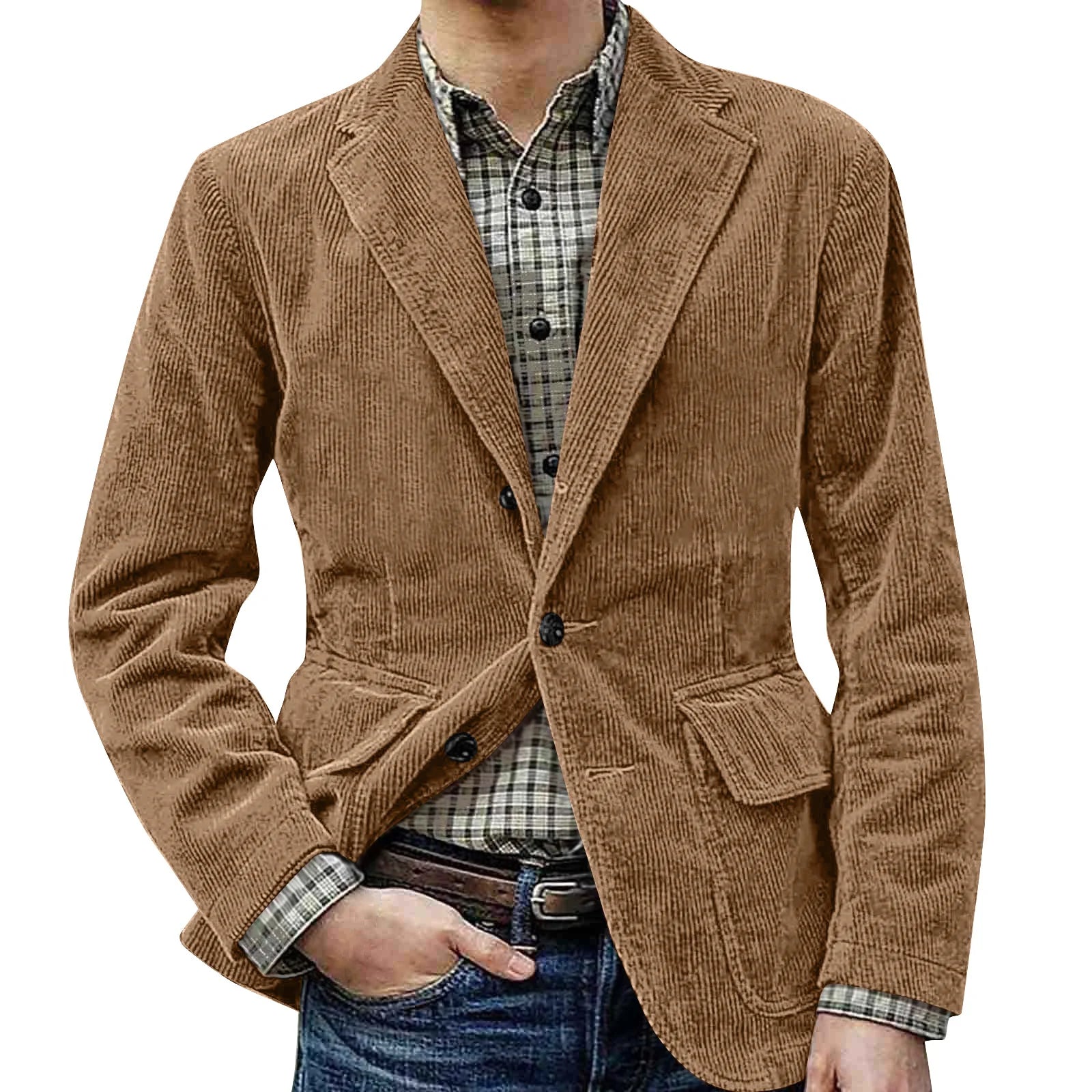 Corduroy Warm Pocket Suit Jacket Men'S Solid Color Cardigan Casual Suit Winter Fashion Single-Breasted Warm Top Jacket