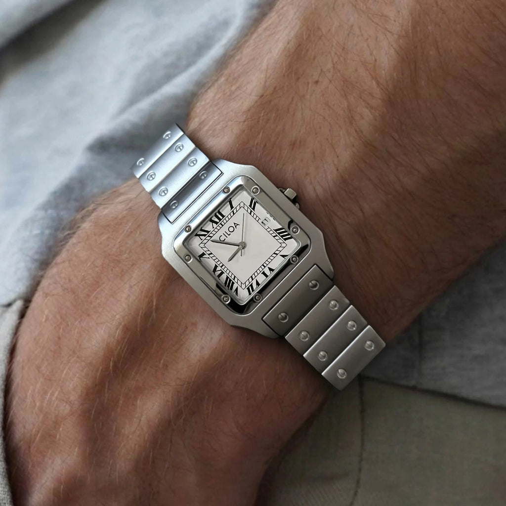 CILOA Silver Square Watch Men's High Quality Light Luxury Gift High End Stainless Steel Strap Waterproof Quartz Watch