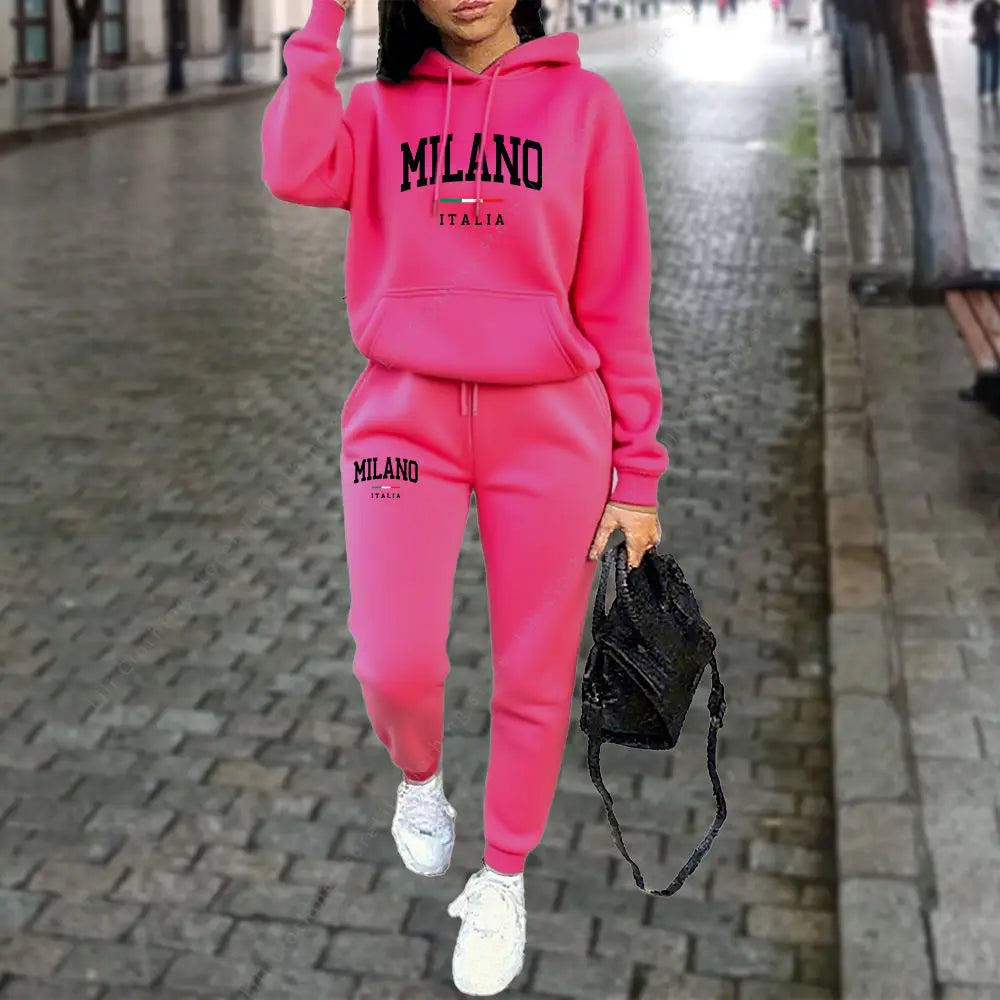 Women’s “MILANO” Letter Print Tracksuit – 2-Piece Hoodie & Pants Set, Casual Sportswear Outfit (Autumn/Winter 2025)