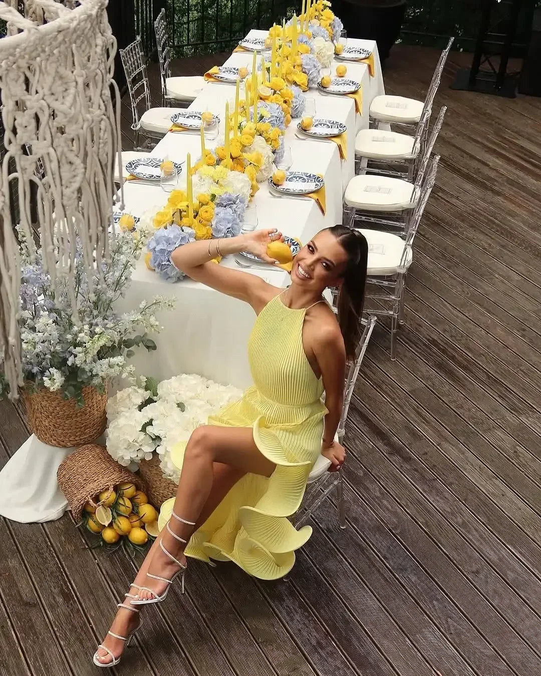 Women Romantic Yellow Halter Maxi Dress Ribbed Knit Ruffled High-slit Slim-fit Vestido 2026 Lady New Spring Trendy Fashion Robes