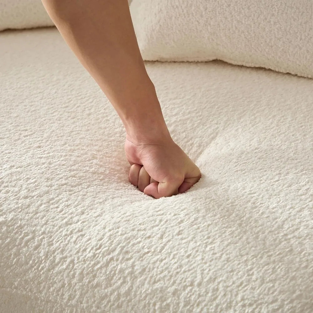 Contemporary 4-Seat Curved Sectional Sofa with Boucle Fabric and Pillows, Wooden Legs Living Room Furniture