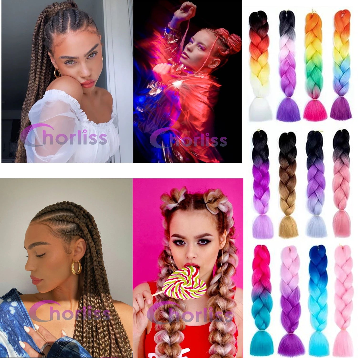 Chorliss Pre-Stretched Jumbo Braids — 24"/26" Synthetic Yaki Ombre (80–90 g, 105 Colors)
