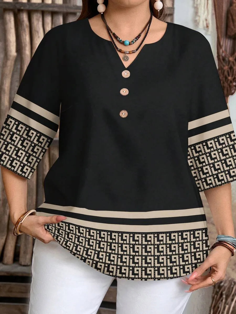 Plus size women's spring/summer/autumn new retro pattern front button leisure short sleeve shirt essential summer outfit