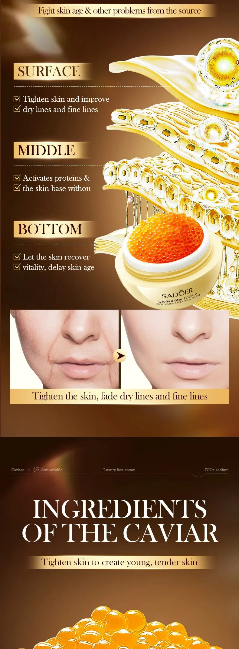 Anti-Wrinkle Face Cream Collagen Pearl Firming Lift Fade Fine Lines Caviar Moisturizing Smooth Brighten Korean Skin Care Product