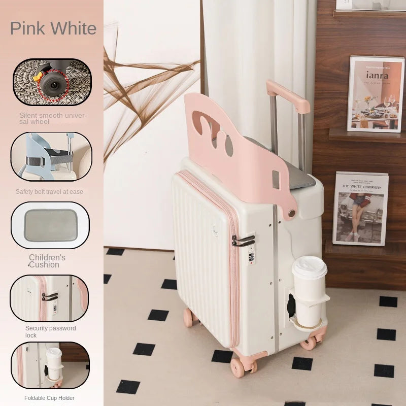 2025 New suitcase for children can Sit 20/22 inch Ride on Luggage Front Opening Sturdy Thickened Travel suitcase with Cup Holder