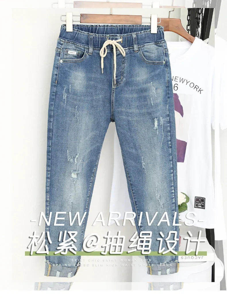 Women’s Plus Size Elastic High-Waisted Ripped Mom Jeans – Baggy Harem Denim Pants (XL–6XL)