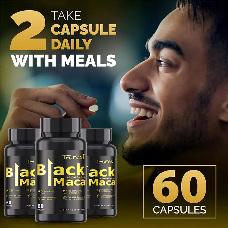 HABUMAMA Natural Black Maca Tablets with Ashwagandha & Black Pepper – Male Energy & Stamina Booster | Supports Vitality, Endurance & Performance (60 Tablets)