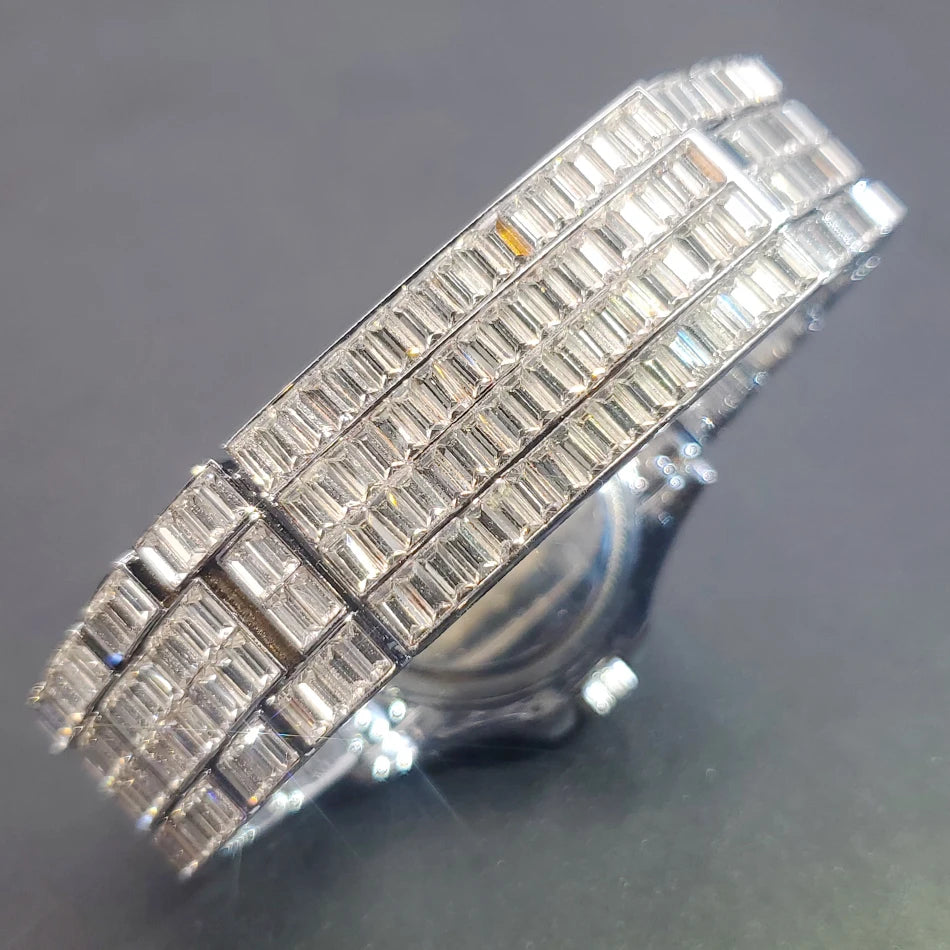 MISSFOX Full Iced-Out Men’s Watch | Luxury Diamond Silver Stainless Steel Quartz with Auto Date