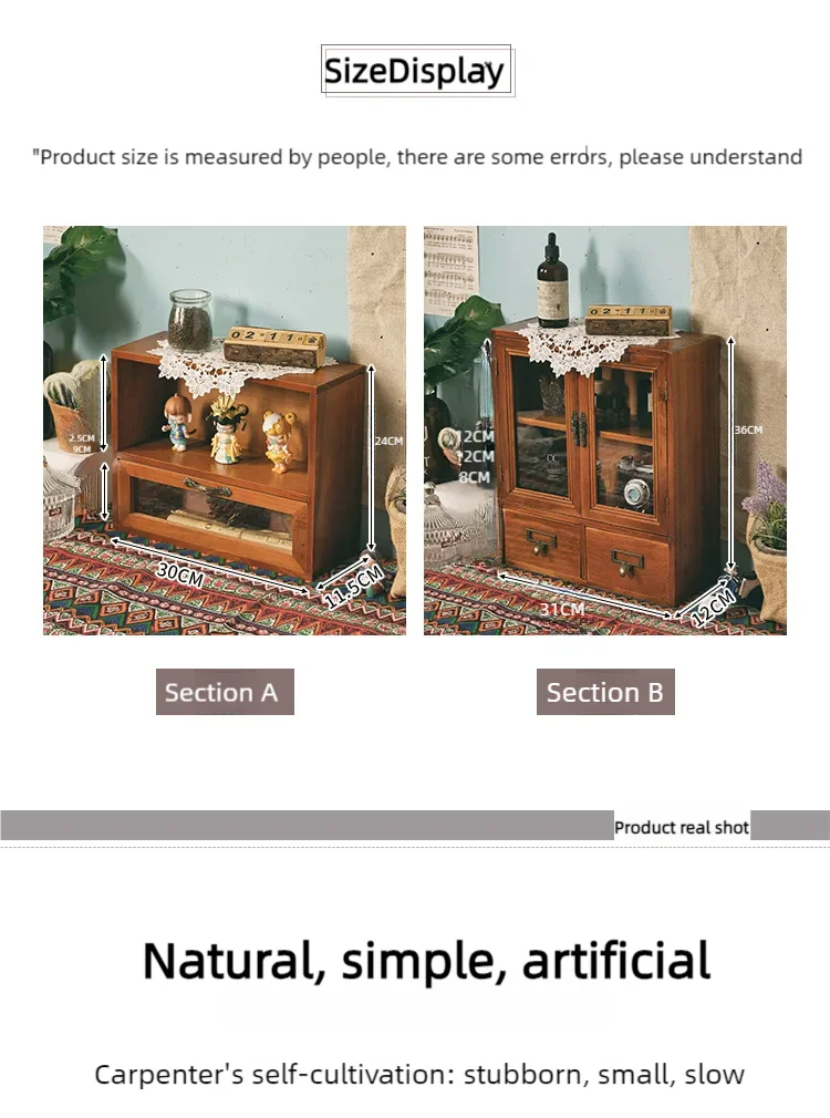 Nordic solid wood retro wooden double door display cabinet miscellaneous cosmetics storage cabinet drawer desktop storage box