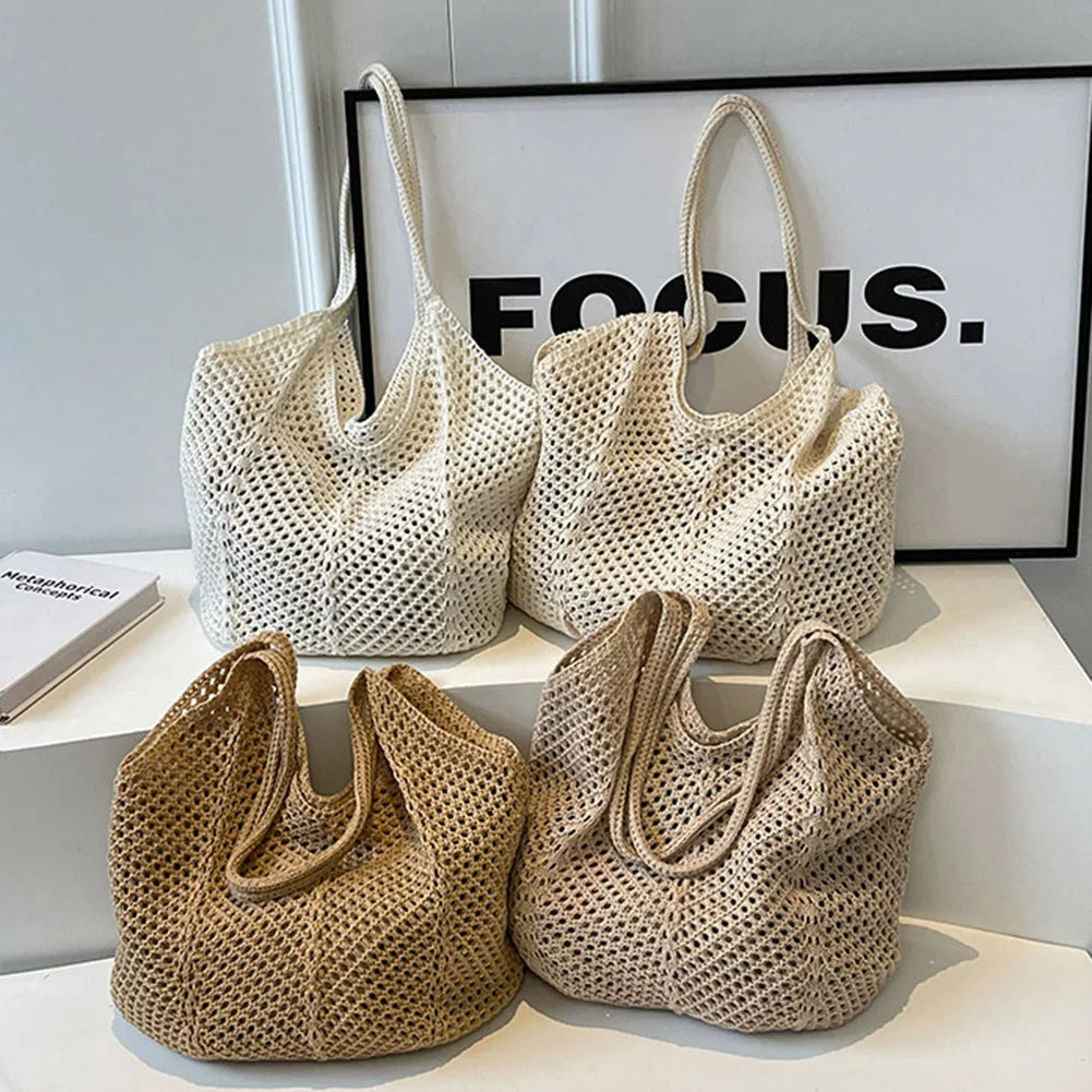 Women Knitting Shoulder Bag Large Capacity Knitting Underarm Bag Solid Crochet Tote Handbag Summer Mesh Beach Bag Hobo Bag