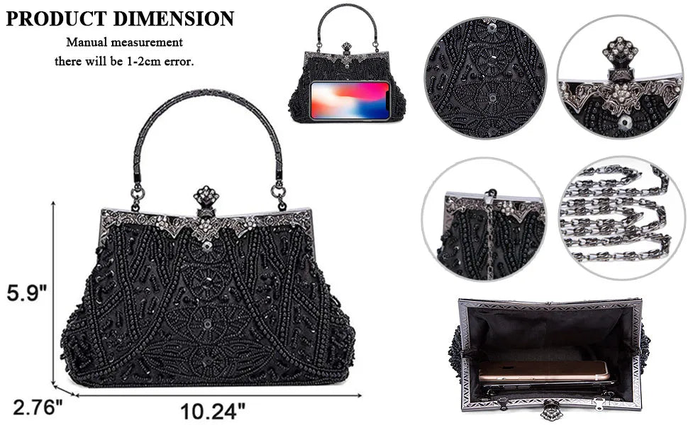 Lost in Vintage Clutch Handbag Beaded and Sequin Kiss-lock Closurer Shoulder Bag Crossbody Detachable ChainProm Evening Party