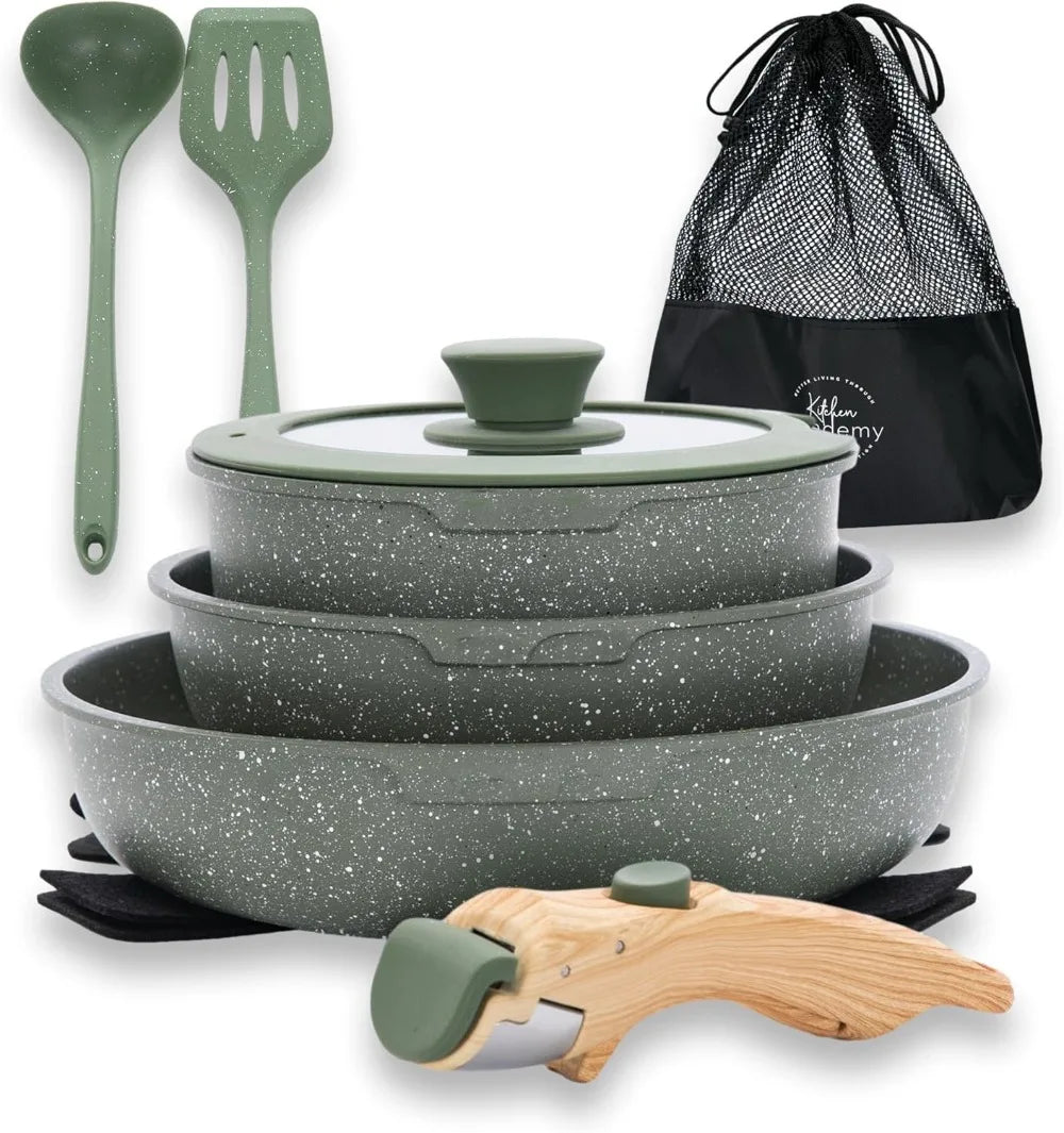 10-Piece Nonstick Cookware Set – Removable Handle, Induction Ready