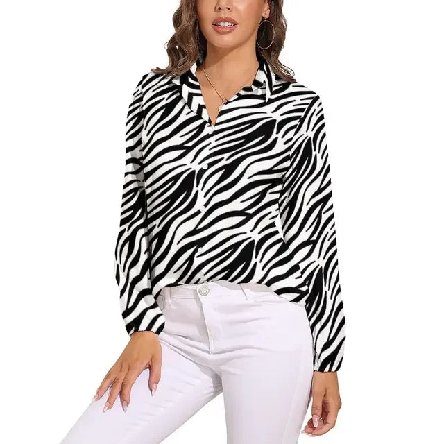 Green Zebra Stripes Blouse Woman Animal Print Casual Loose Blouses Long Sleeve Kawaii Shirts Graphic Top Big Size 2XL 3XL