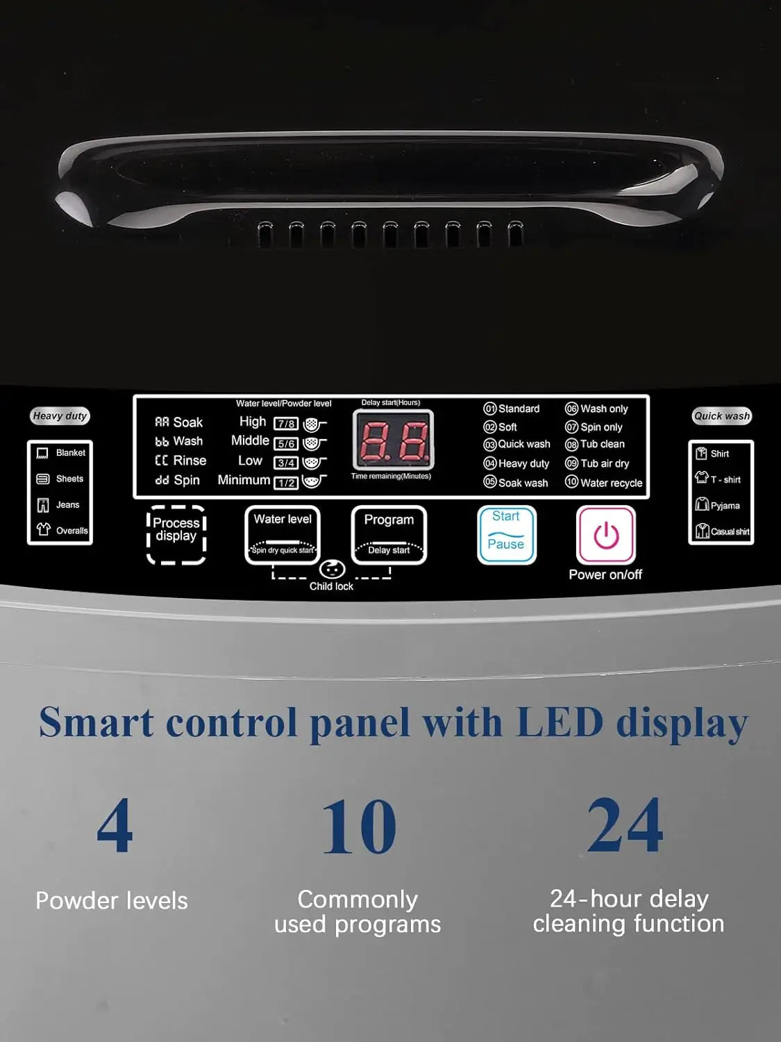 KRIB BLING Full Automatic Washing Machine with LED Display 17.7 lbs Portable Washer Drain Pump 10 Programs & 8 Water Levels